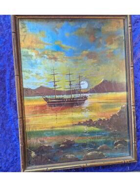 Vintage Ship Painting in Bamboo-Style Frame